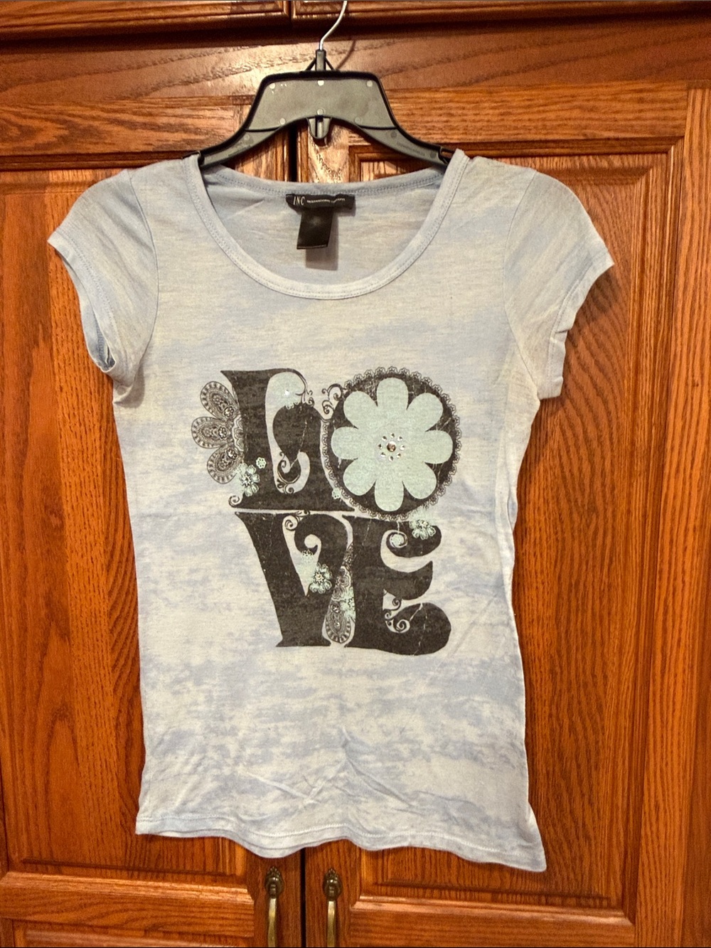 INC International Concepts Light Blue 'Love' Graphic Tee with Mint Floral Accent